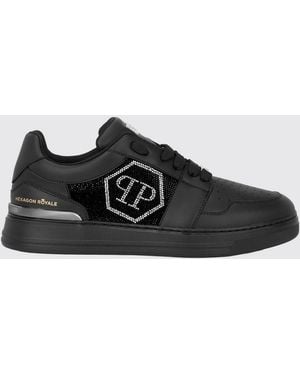 Philipp Plein Hexagon Royale Leather Trainers With Rhinestone Hexagon Logo - Black