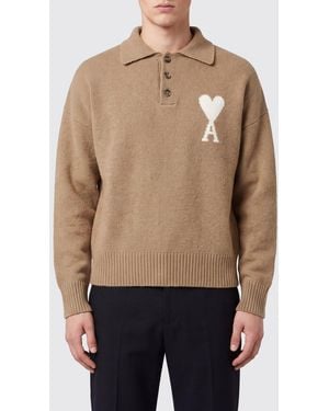 Ami Paris Long-Sleeved Knit Polo With Ami De Cœur Jacquard Logo - Natural