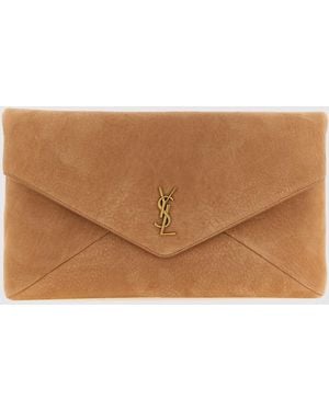 Saint Laurent Suede Calfskin Envelope Clutch With Ysl Monogram - Brown