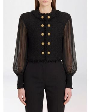 Balmain Cropped Tweed Spencer Jacket With Puff Sleeves And Frayed Details - Black