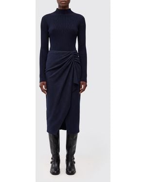 Pinko Pinstriped Knit Midi Dress With High Neck And Ruched Waist - Blue