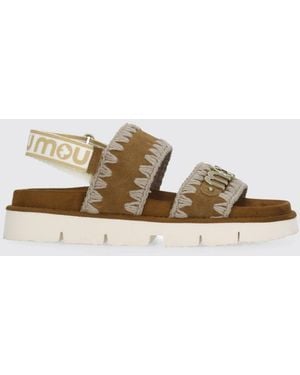 Mou Bio Suede Slingback Sandals With Embroidery And Velcro Closure - Brown