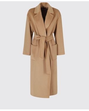 Max Mara Long Wool Robe Coat With Matching Belt - Natural