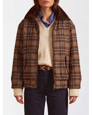 La Martina Tartan Wool Blend Bomber Jacket With Velvet Collar - Brown