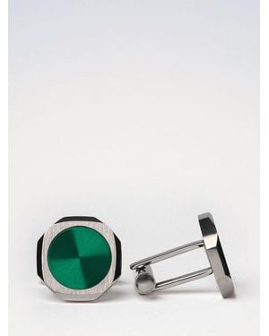 D1 Milano Two-Tone Steel Cufflinks With Rounded Shape And Engraved Logo - Green