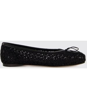 Ferragamo Macramé Lace Ballet Flats With Patent Leather Round Toe - White