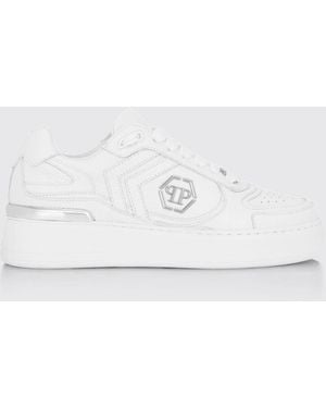 Philipp Plein Pit-$Top Monogram Leather Low-Top Trainers With Hexagon Logo - White