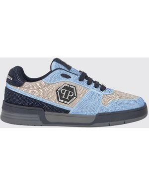 Philipp Plein P-Force Leather Trainers With Monogram And Crystals - Blue