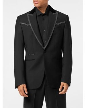 Philipp Plein Single-Breasted Wool Blazer With Embroidered Crystals And Peak Lapels - Black