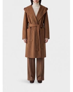 Max Mara Virgin Wool Robe Coat With Hood And Belt - Brown