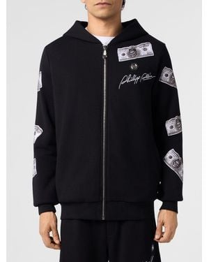 Philipp Plein Zipped Cotton Hoodie With Graphic Print And Logo - Black