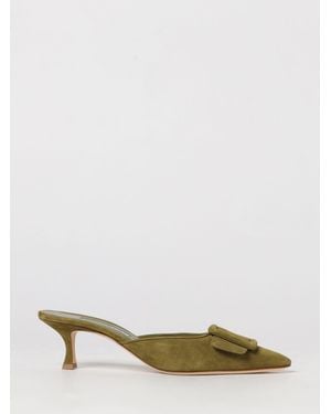 Manolo Blahnik Maysale Suede Mules With Buckle And Mid Heel - Natural
