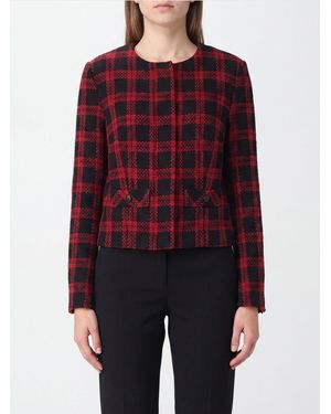 Pinko Slim Fit Cropped Check Wool Tweed Jacket With Crew Neck - Red