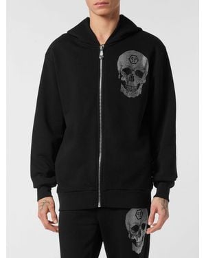 Philipp Plein Skull And Rhinestones Jersey Zip-Up Hoodie - Black