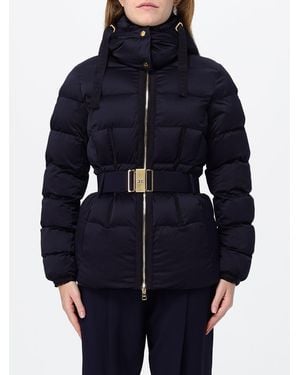 Elisabetta Franchi Short Quilted Puffer Jacket With Removable Hood And Belt - Blue