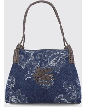 Etro Sac Porté Épaule Libra En Denim De Coton À Imprimé Floral Avec Logo Pegaso - Bleu