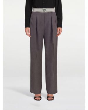 Versace Weit Geschnittene Wollmischhose Mit Bundfalten Und Hoher Taille - Grau