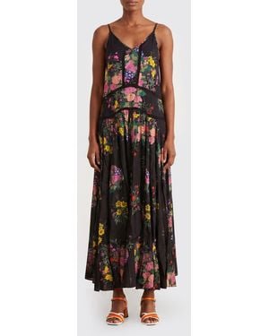 Mes Demoiselles Floral Print Long Viscose Dress With V-Neck And Thin Straps - Black