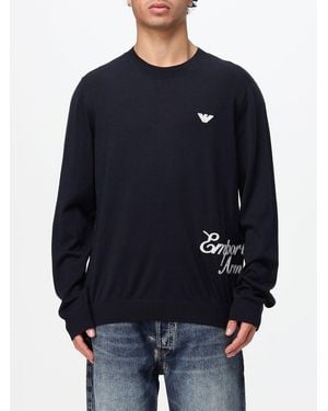 Emporio Armani Silk-Blend Crewneck Jumper With Eagle Logo - Blue