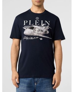 Philipp Plein Cotton T-Shirt With Rhinestone-Embellished Logo And Graphic - Blue