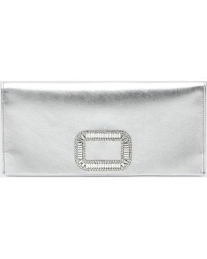 Roger Vivier Pilgrim Laminated Leather Clutch With Jewel Buckle - Gray
