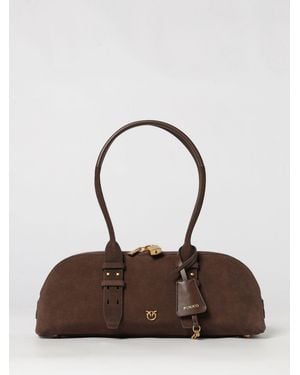 Pinko Escape Horizontal Suede Leather Shoulder Bag With Love Birds Logo - Brown