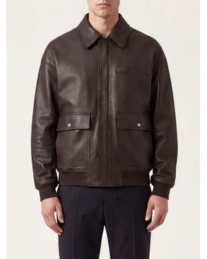 Carrera Chaqueta De Piel De Ternera Con Cuello Clásico Y Bajo Elástico - Marrón