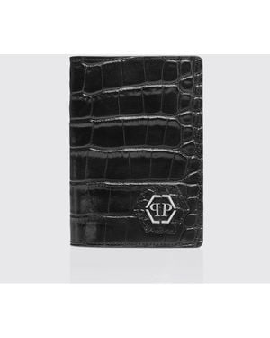 Philipp Plein Crocodile Print Leather Passport Holder - Black