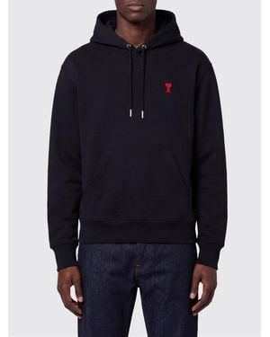 Ami Paris Sudadera Con Capucha De Algodón Con Logo Bordado Y Bolsillo Canguro - Azul