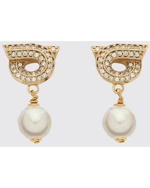 Ferragamo Orecchini Pendenti Gancini Con Cristalli E Perle - Bianco