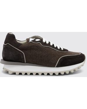 Eleventy Suede And Wool Low Top Sneakers With Serrated Sole - White