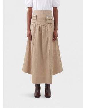 Ganni Asymmetric Cotton-Blend Midi Skirt With Patch Pockets - Natural