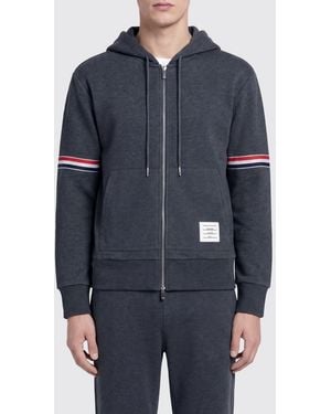 Thom Browne Zip-Up Cotton Hoodie With Drawstring And Flag Detail - Blue