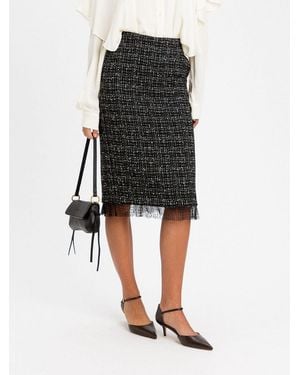 Twinset Tweed Pencil Midi Skirt With Back Slit - Black