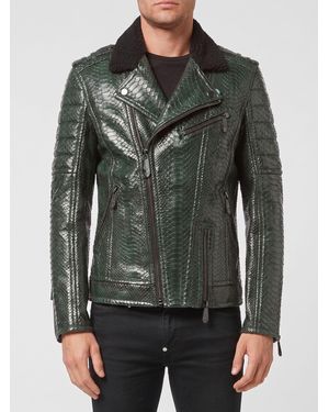Philipp Plein Snake Leather Biker Jacket - Grey