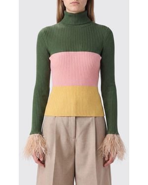 La DoubleJ Abstract Print Cashmere And Silk Turtleneck Sweater With Feather Cuffs - Green