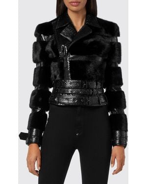 Philipp Plein Snakeskin Biker Jacket With Mink Fur Details - Black