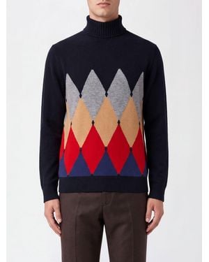 Ballantyne Multicolor Argyle Pattern Pure Cashmere Turtleneck Sweater - Blue
