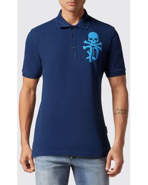 Philipp Plein Short-Sleeve Cotton Polo Shirt With Skull Print And Logo - Blue