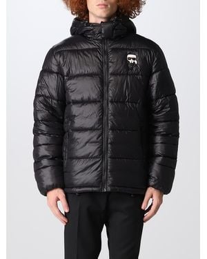 KARL LAGERFELD Nylon Down Jacket With Hood And Logo - Black