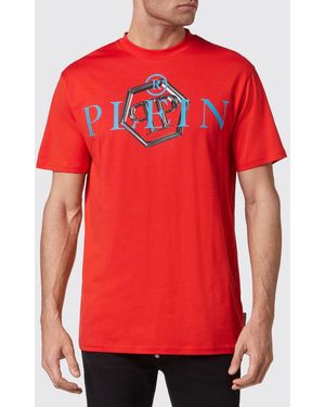 Philipp Plein Cotton T-Shirt With Crew Neck And Contrasting Logo Print - Red