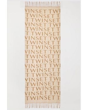 Twinset Rectangular Viscose Scarf With Lettering Logo And Fringes - Natural