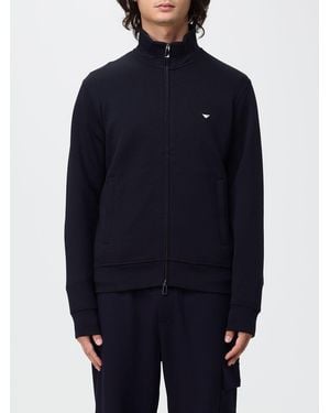 Emporio Armani High Neck Cotton Blend Zip-Up Sweatshirt With Eagle Logo - Blue