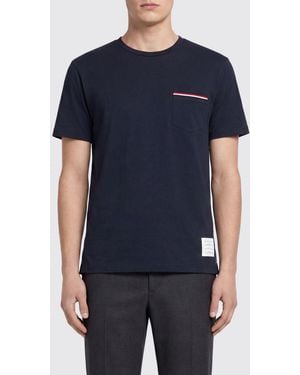 Thom Browne Camiseta De Algodón Con Bolsillo De Parche Y Logo 4-Bar - Azul
