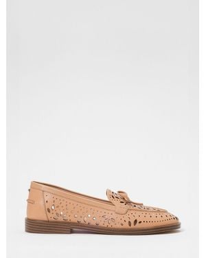Twinset Perforated Smooth Leather Loafers With Bow And Rhinestone Application - Multicolour
