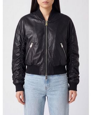 Dondup Cropped Synthetic Leather Bomber Jacket With Metal Zip Closure - Black