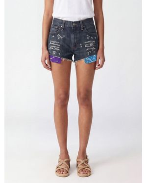 HTC Mittel Sitzende Distressed-Jeans-Shorts Mit Bandana-Motiv - Blau