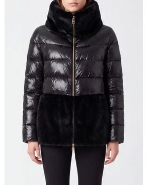 Herno Short Ultralight Nylon Down Jacket With Faux Fur Details - Black