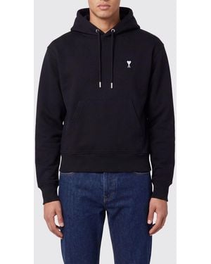 Ami Paris Sudadera Con Capucha De Algodón Con Logo Bordado Y Bolsillo Canguro - Azul