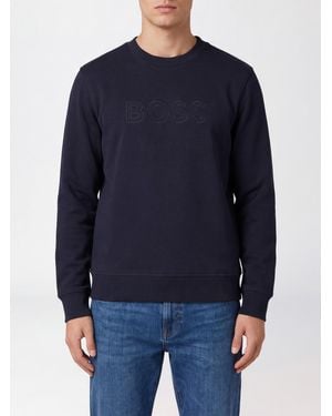 BOSS Crew-Neck Cotton Jumper With Tone-On-Tone Logo - Blue